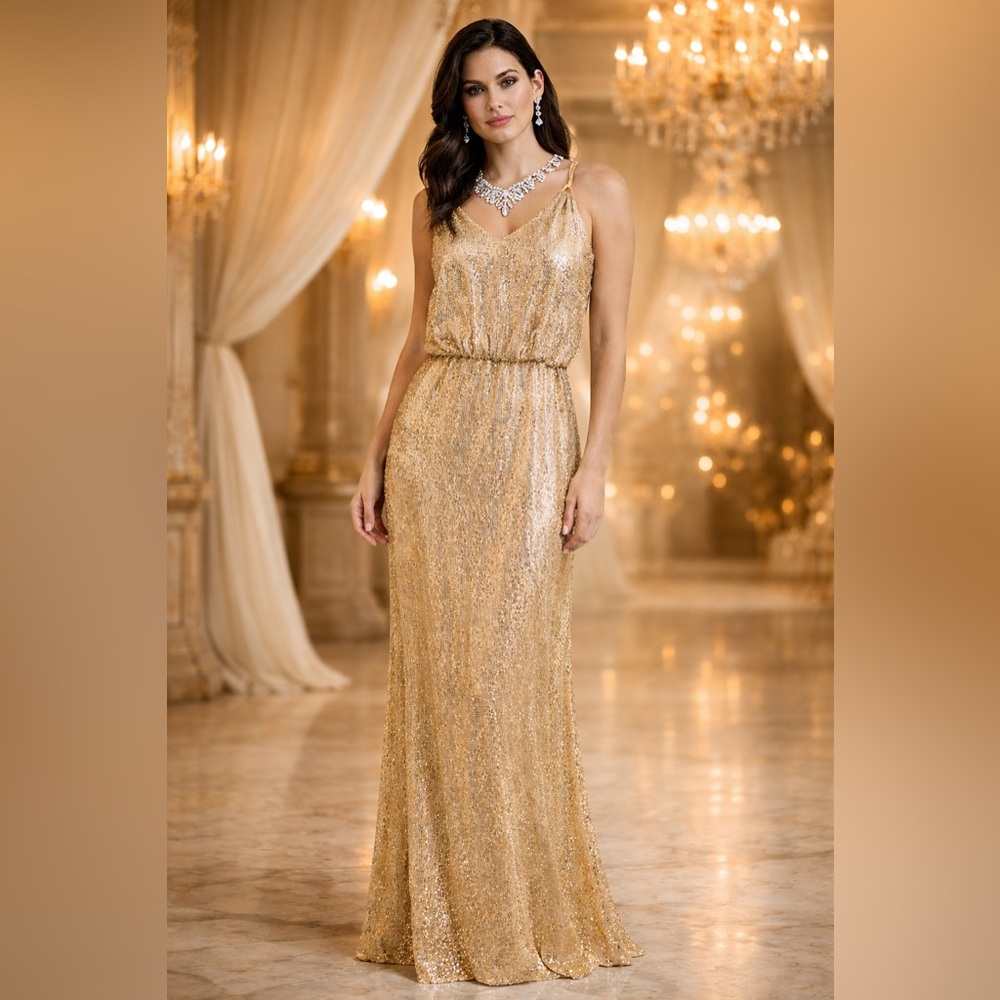Calvin Klein Gold Sequin Maxi Dress | Formal Evening Gown Glam | Prom